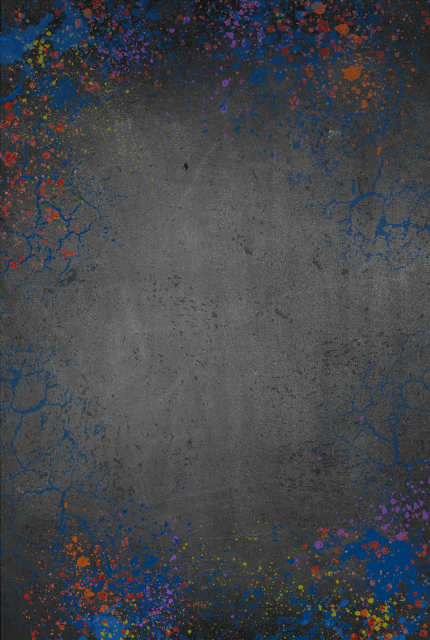Vertical abstract background with a dark gray textured center surrounded by colorful splattered paint in blue, orange, purple, red, green, and yellow, creating a vibrant distressed border.